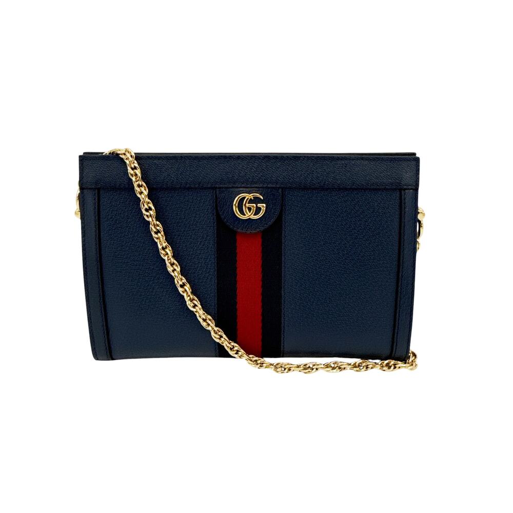 GUCCI Ophidia Chain Shoulder Bag Textured Calfskin Web in Blue Agata